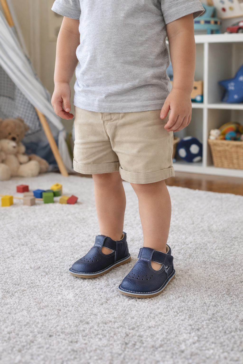 Børnesko i læder med barfodsfølelse – fleksible hjemmesko og sutsko til børn – Blå -Lusti- slipsko