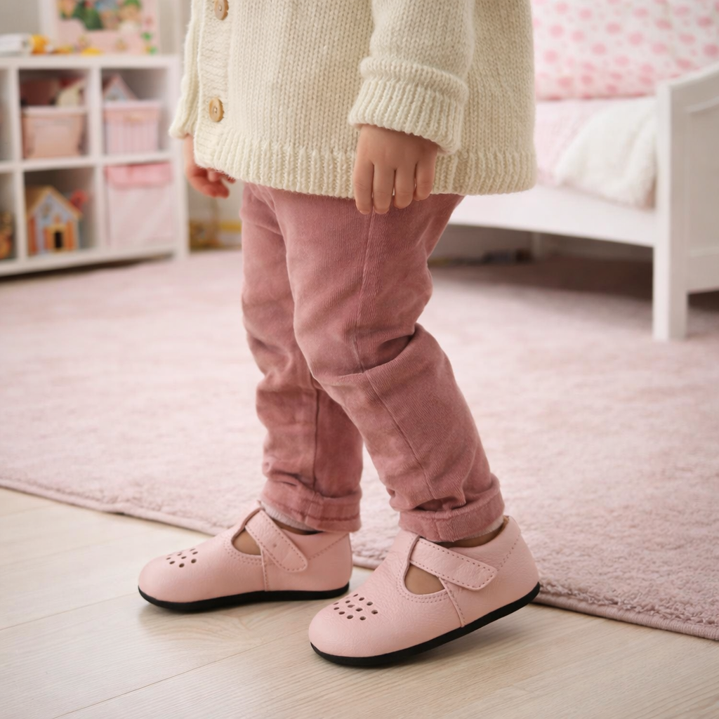 Børnesko i læder med barfodsfølelse – fleksible hjemmesko og sutsko til børn – Lyserød - Lusti - fra slipsko