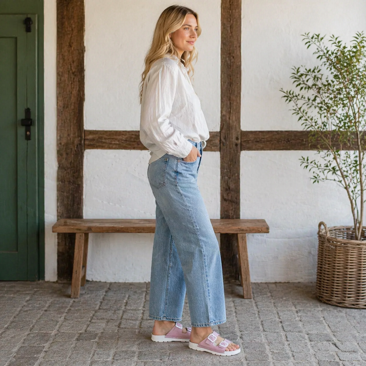 Komfortabel damesandal i pink/hvid læder med 2 spænder | Omaking Meeliku