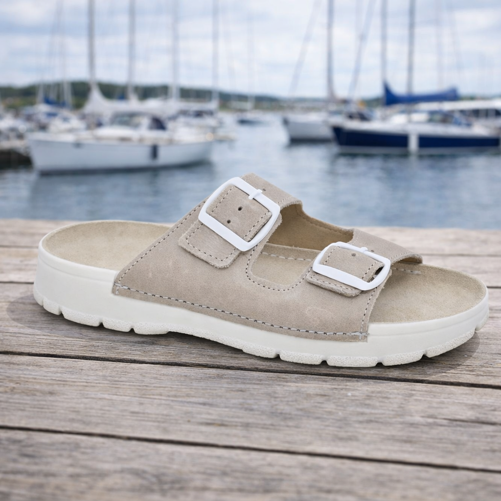 Dame sundhedssandal i ægte læder – Komfortabel og klassisk – Sandfarvet – Meeliku slipsko 1