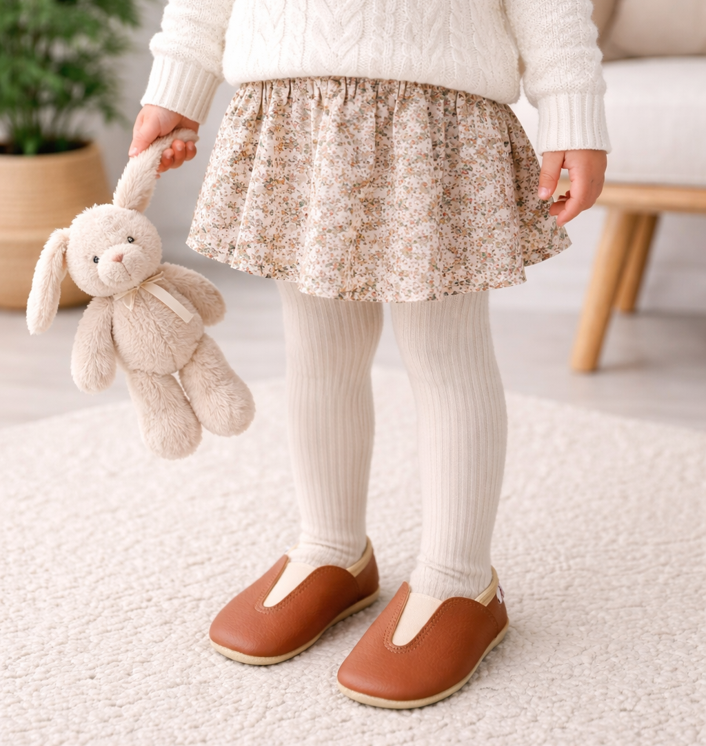 Hjemmesko / Barfodshjemmesko til børn 2–5 år – Upcycled læder i brun/orange | Punsa, Hip-Hop. slipsko.dk 1