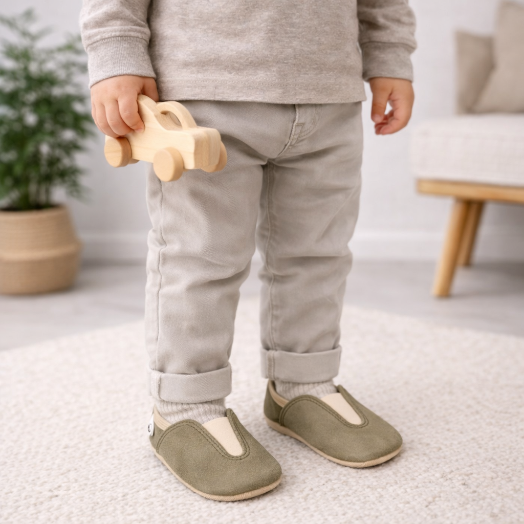 Hjemmesko / Barfodshjemmesko til børn 2–5 år – Upcycled læder i olivengrøn | Punsa, Hip-Hop slipsko.dk  1