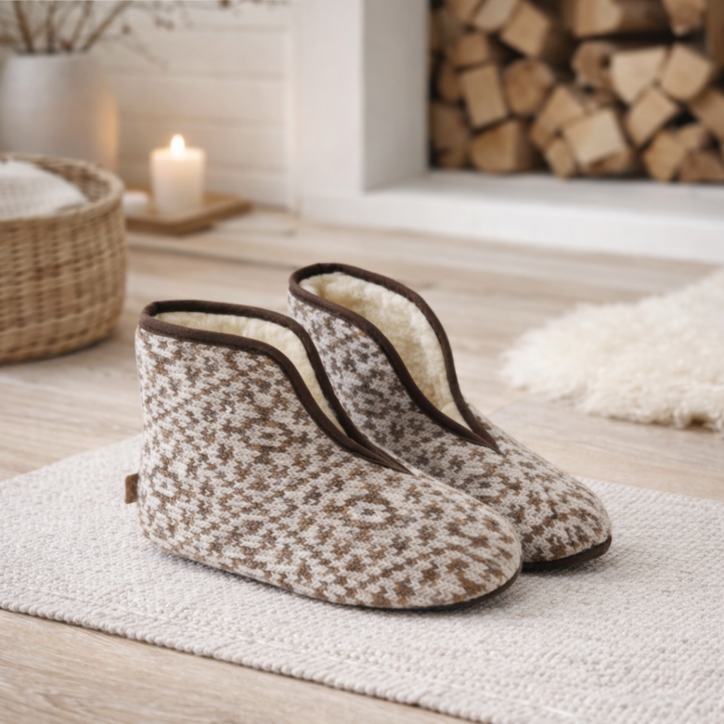 Hjemmesko i strik med lammeuldsfor og skridsikker sål – Beige/Brun – Trolla  2 Slipsko.dk