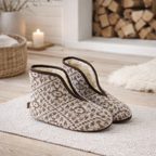 Hjemmesko i strik med lammeuldsfor og skridsikker sål – Beige/Brun – Trolla  2 Slipsko.dk