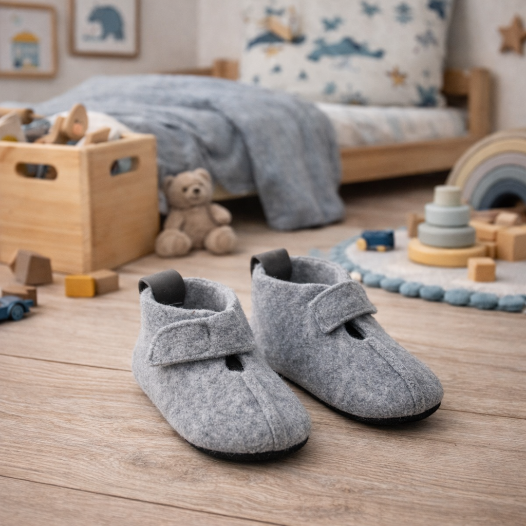 Hjemmesko til børn i uldfilt – skridsikker sål – velcro – grå | KAKU fra slipsko
