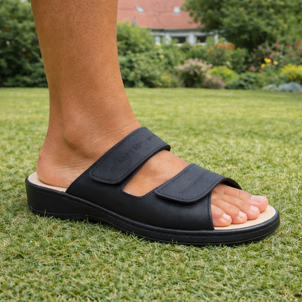 Ergonomiske kvalitets komfortsandaler med to spænder – sort læder | Omaking