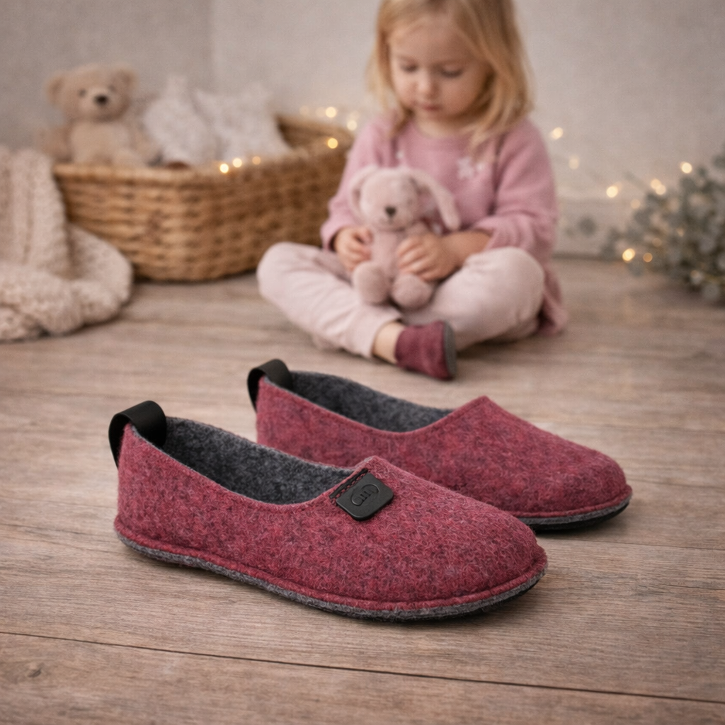 Hjemmesko til børn i genbrugsfilt – let gummisål – rød/pink | Öko-Toku