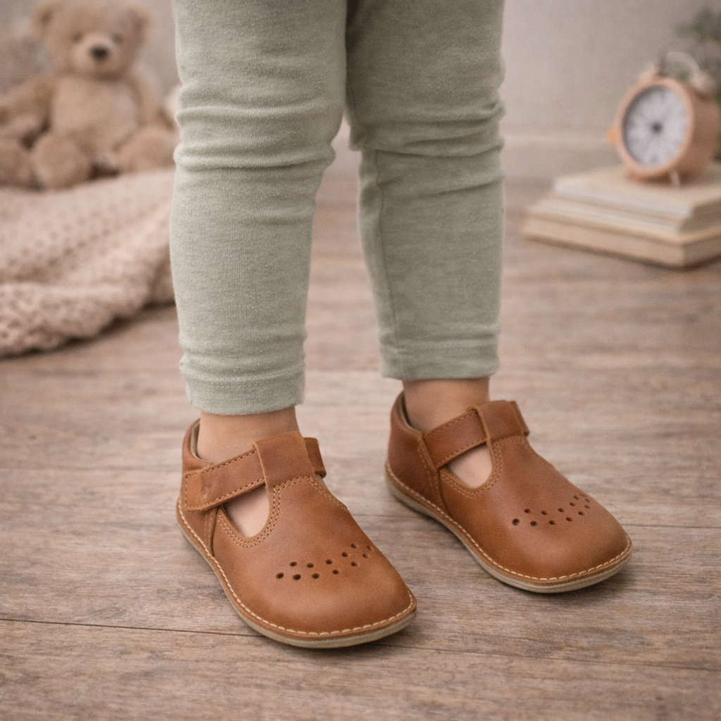 Børnesko i læder med barfodsfølelse – fleksible hjemmesko og sutsko til børn – brun -Lusti