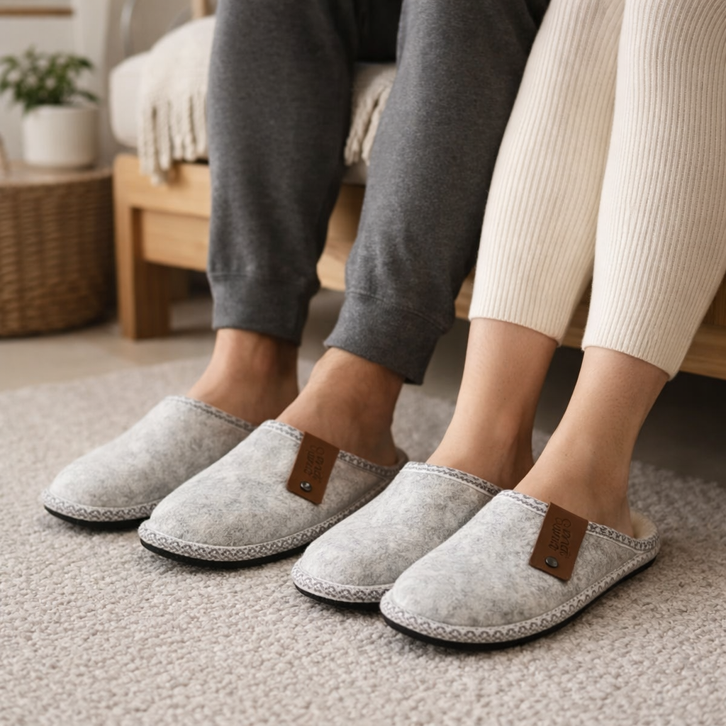 Hjemmesko i filt og lammeuld – Varme og behagelige – Lysegrå – Halla