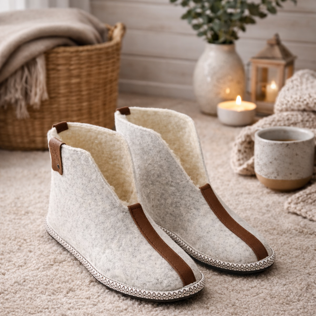 Varme hjemmesko i filt og lammeuld – Komfortable og slidstærke – Naturhvid/Brun – Villa
