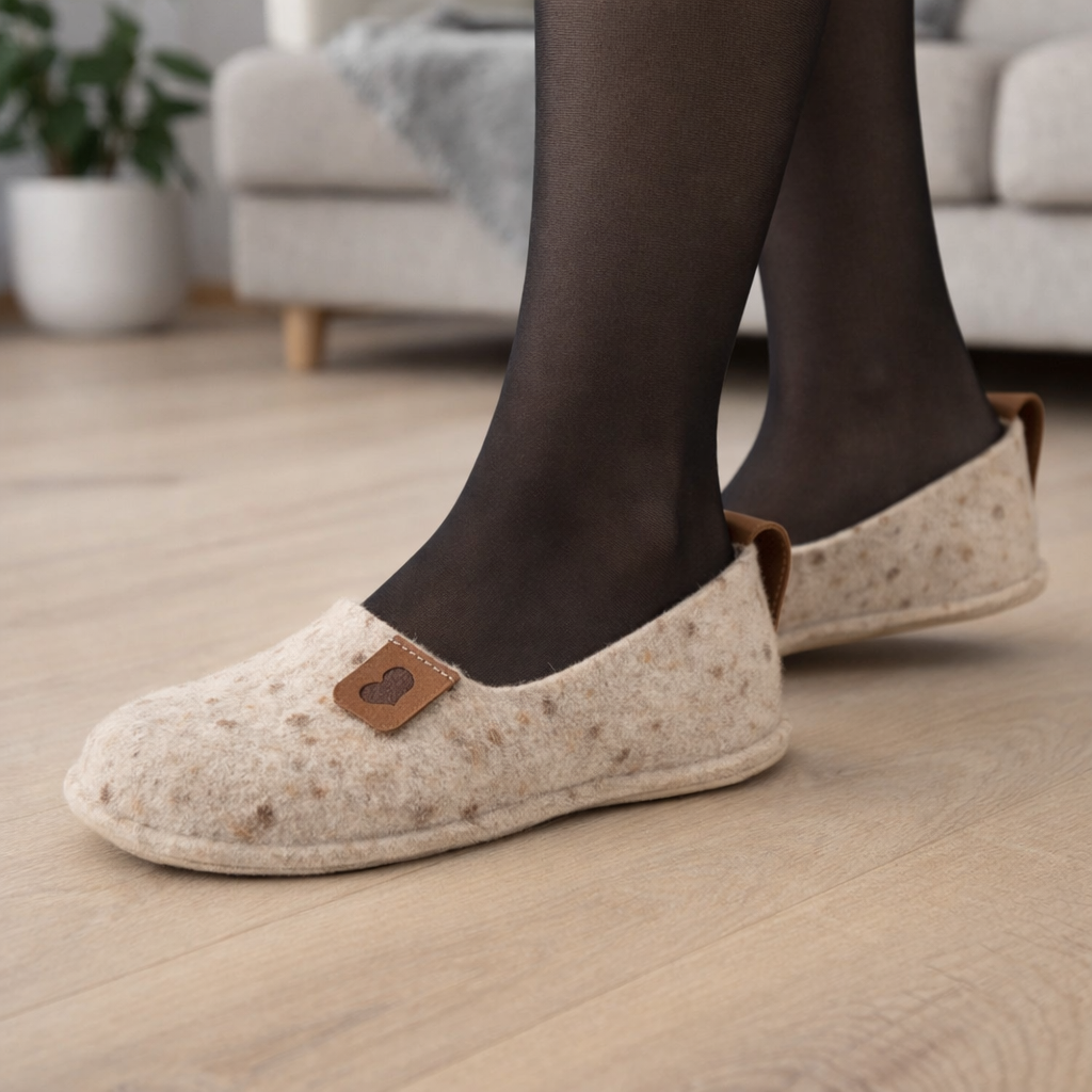 Ballerinahjemmesko i naturfilt med gummisål – Beige – TOKU