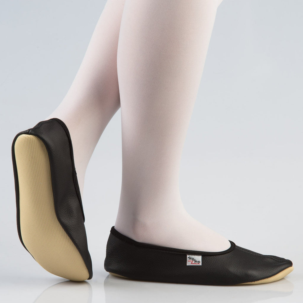 Leather Gymnastics Slippers With Rubber Ridge and Sole - Black