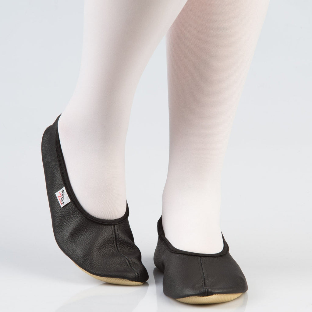 Leather Gymnastics Slippers With Rubber Ridge and Sole - Black