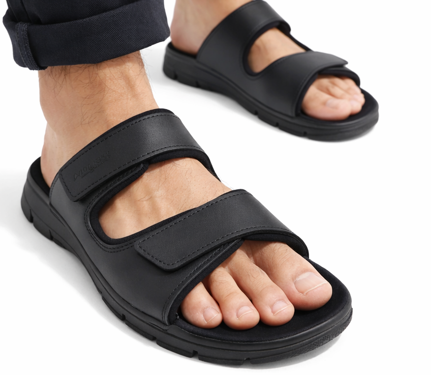 Herresandaler i læder med velcro rem – sort | Madise