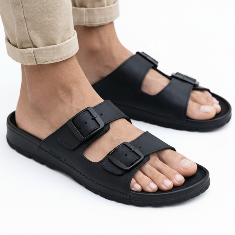 Sort læder herresandal med 2 spænder – komfort sandal | Omaking Märt
